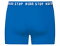 Blaue Boxershorts mit dem Logo 'N3VR STOP'.