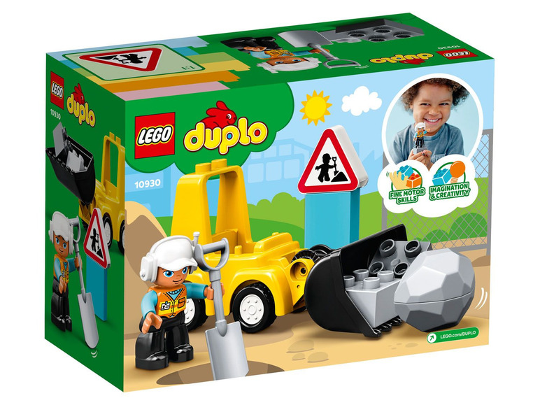 LEGO Duplo Set mit einem gelben Bulldozer, einem Stein und zwei Figuren.