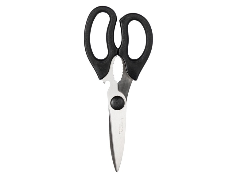 Schwarze Küchenscheren mit Flaschenöffner.