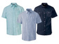 Drei Hemden mit kurzen Ärmeln, hellblau, hellgrün und dunkelblau.