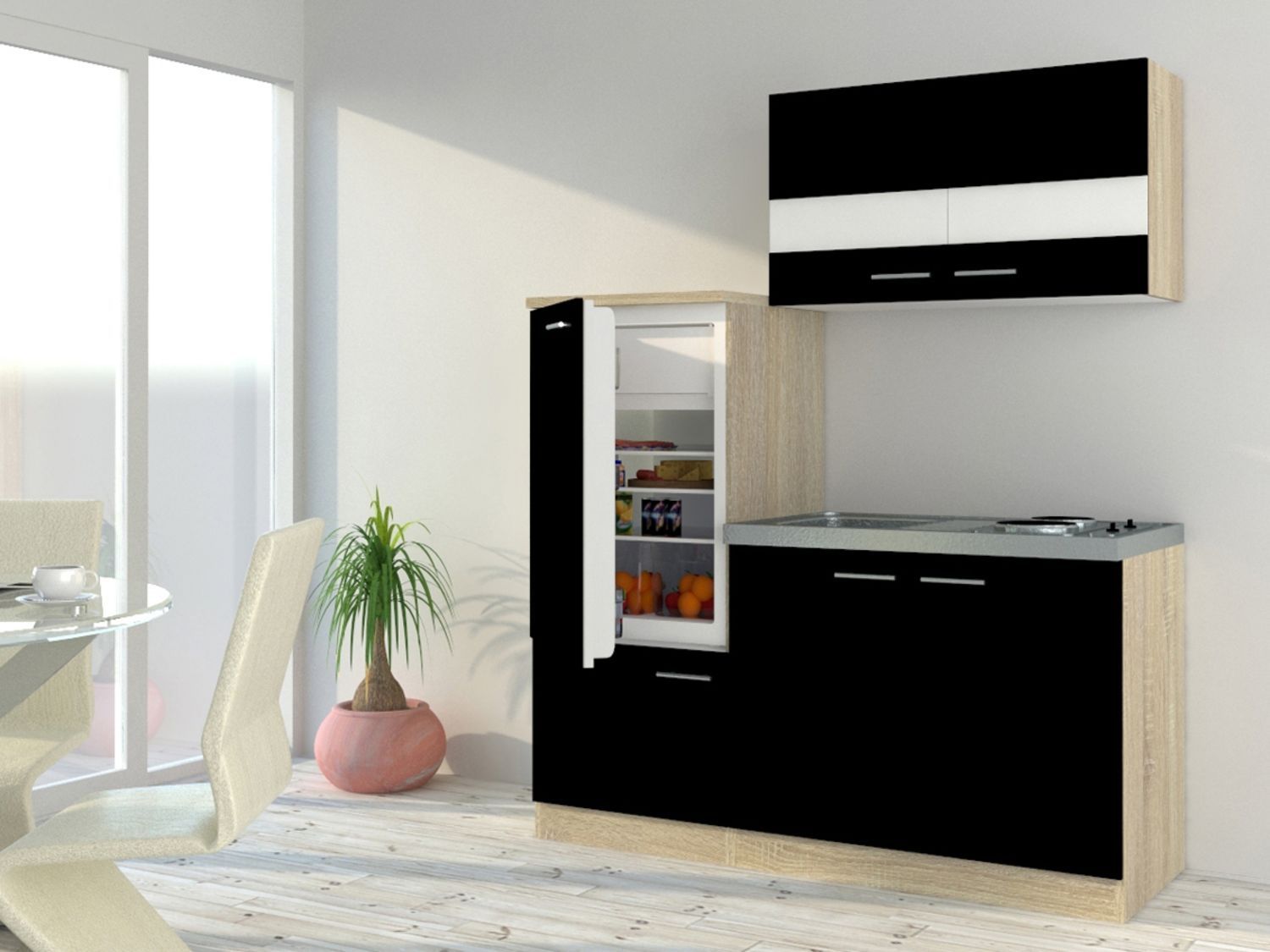 RESPEKTA Singleküche Eiche Sonoma Sägerau 150/160/180cm (ohne Mikrowelle, schwarz mit Kochmulde, Breite 160cm) – Bild 2 von 4