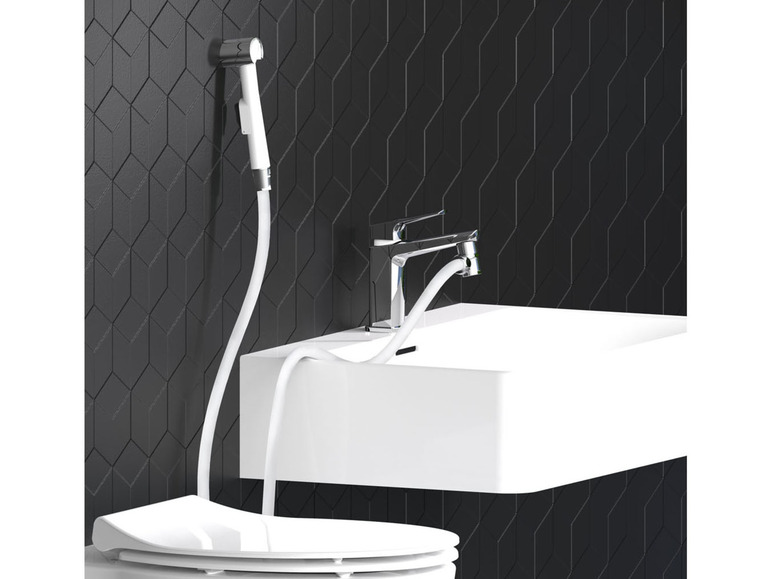 Eine Bidet-Duschbrause und ein Waschbecken in einem modernen Badezimmer.