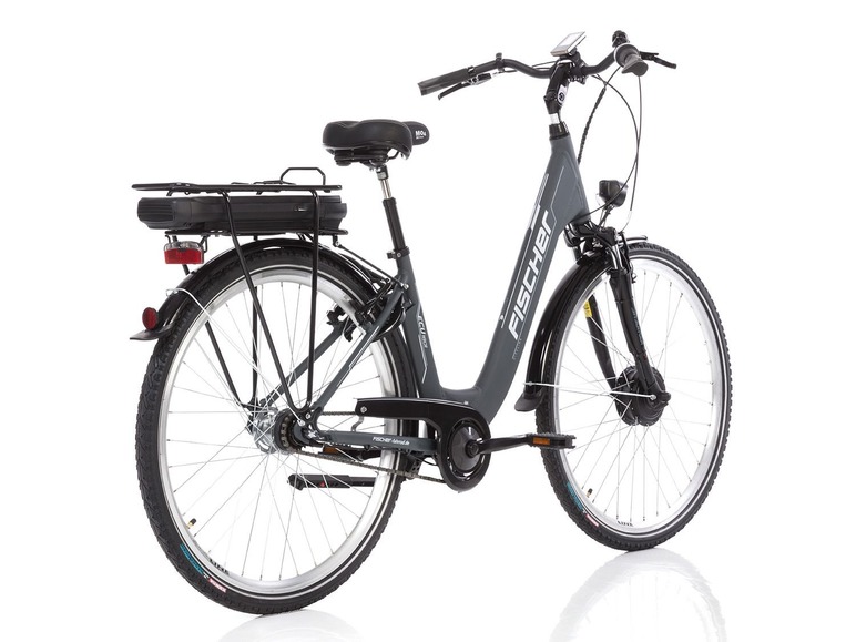 Ein graues Fischer E-Bike mit integriertem Akku.