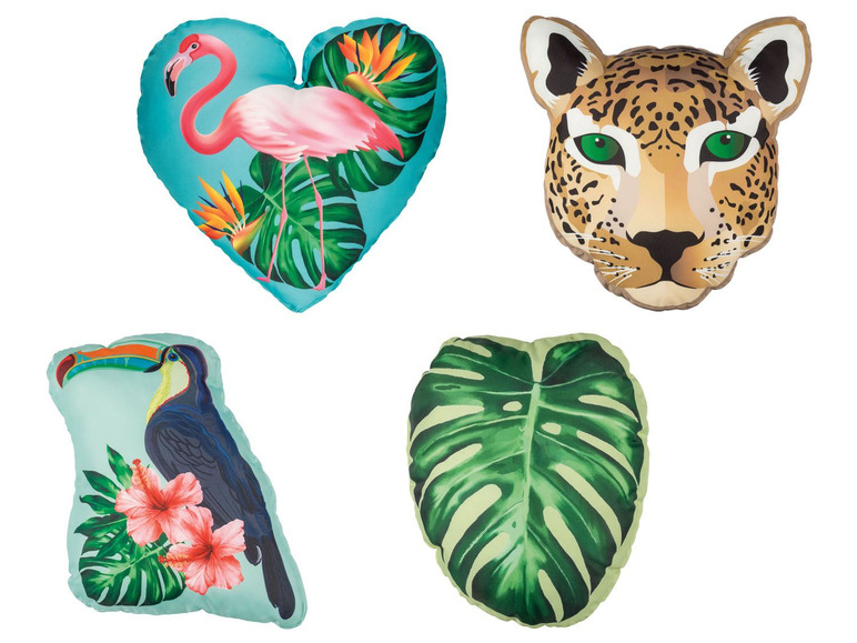 Kissen mit Dschungeltieren und tropischen Blättern, darunter ein Flamingo und ein Leopard.
