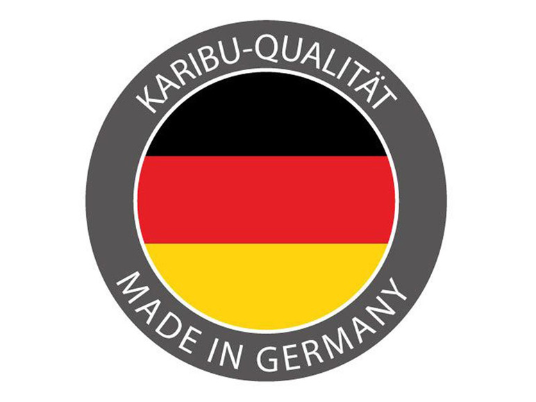 Deutsches Flaggenlabel mit dem Text 'Karibu-Qualität Made in Germany'.