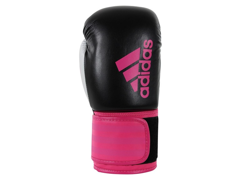 Schwarze Adidas Boxhandschuhe mit rosa Details.