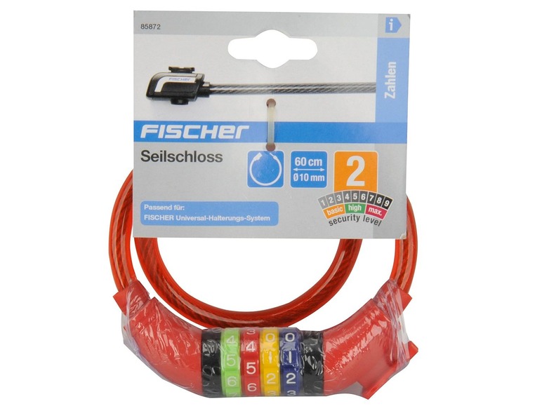 Ein rotes Fischer Kabelschloss mit Zahlenschloss für Fahrräder.