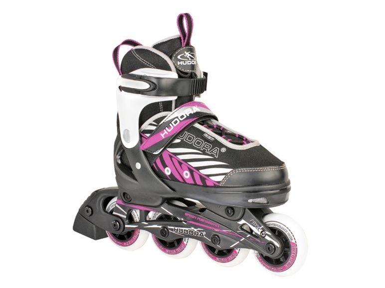 Schwarze Inline-Skates mit rosafarbenen Details und der Marke Hudora.
