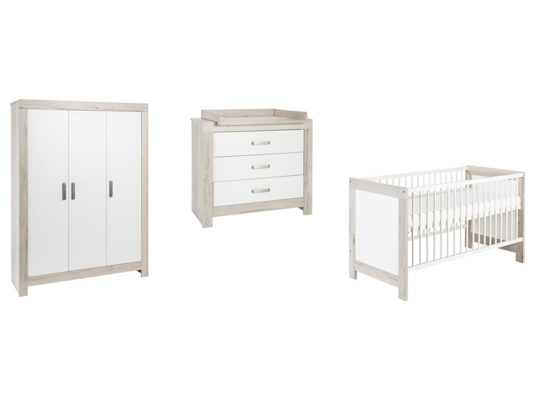 Babyzimmer-Set mit Kommode, Kleiderschrank und Babybett.