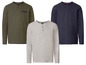 Drei Langarmshirts mit Knöpfen, dunkelgrün, grau und dunkelblau.