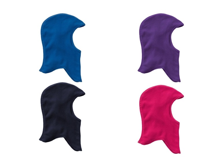 Vier Fleece-Stirnbandmützen in blau, lila, schwarz und rosa