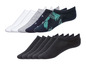 Ein Set No-Show-Socken in verschiedenen Farben und Mustern, darunter schwarze Socken mit tropischem Muster.