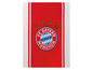 Eine rote Flagge mit dem Logo des FC Bayern München und fünf Sternen.
