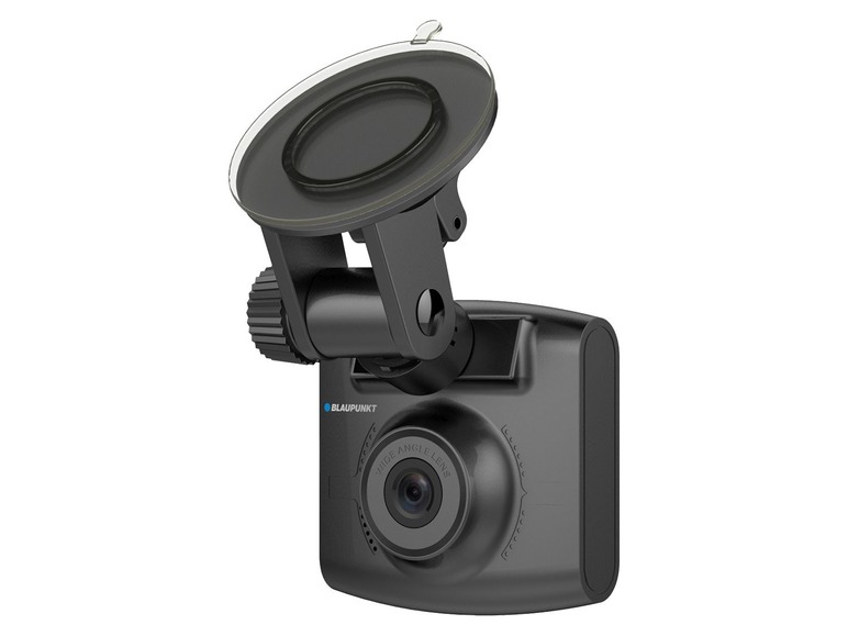 Eine schwarze Blaupunkt Dashcam mit einem Weitwinkelobjektiv.