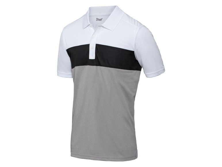 Weißes, schwarzes und graues Crivit Poloshirt mit kurzen Ärmeln.