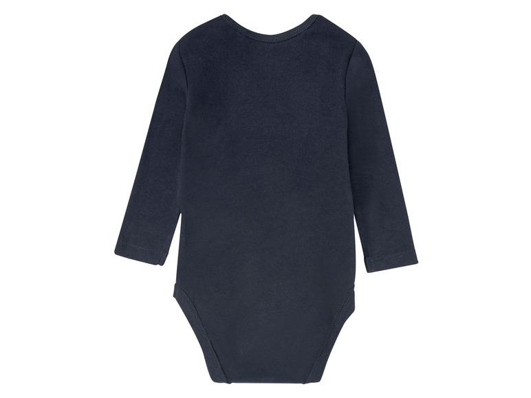 Ein dunkelblauer Baby-Body mit langen Ärmeln.