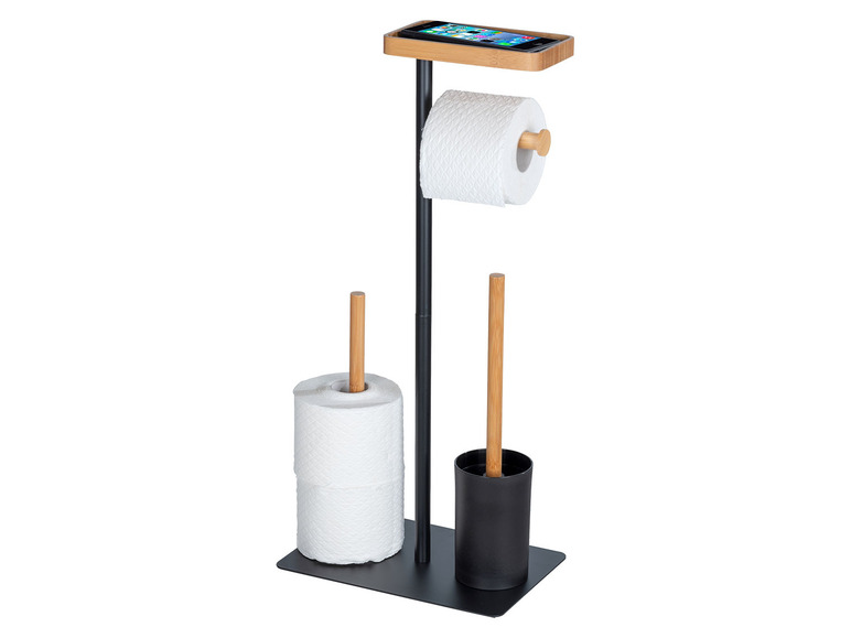 Gehe zu Vollbildansicht: Wenko Stand WC-Garnitur Barberi, 4 in 1 Konstruktion, aus schwarz lackiertem Metall und Bambus - Bild 3