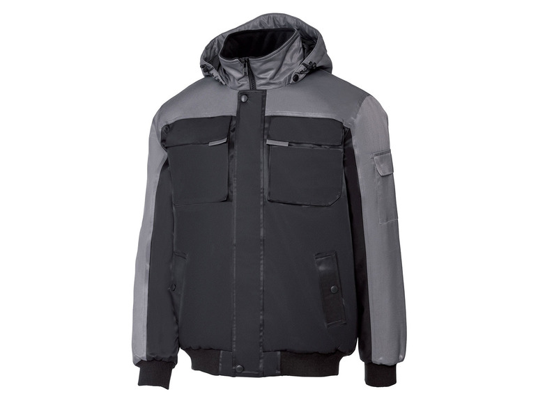 Schwarze Arbeitsjacke mit grauen Details und Kapuze.