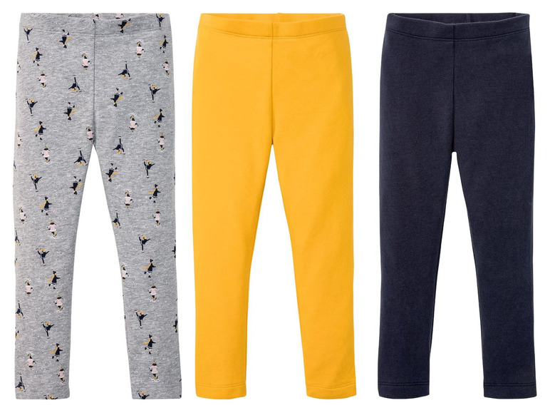 Drei Leggings: Grau mit Muster, Gelb und Dunkelblau.