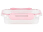 Eine transparente Plastik-Lunchbox mit rosafarbenem Deckel.