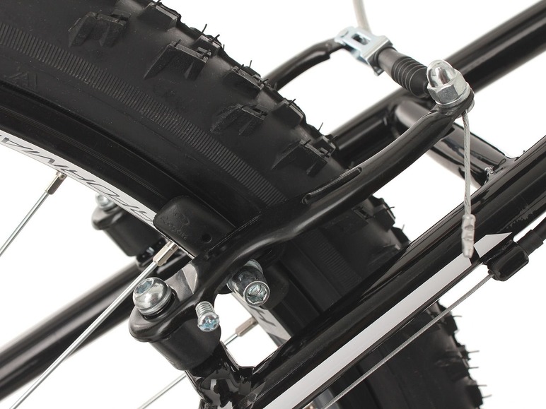 Nahaufnahme eines schwarzen Fahrrads mit einer V-Brake.