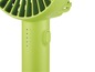 Ein grüner Handventilator mit einem Ein-/Ausschalter und Batteriestandsanzeigen.