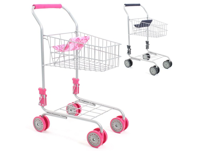 Zwei rosa Spielzeug-Einkaufswagen mit Rädern.