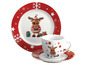 Weihnachtliches Geschirr mit Rentier-Motiv und rotem Rand.