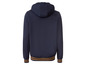 Ein dunkelblauer Hoodie mit gelben Streifen.