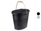 Schwarzer Metalleimer mit Deckel und Holzgriff