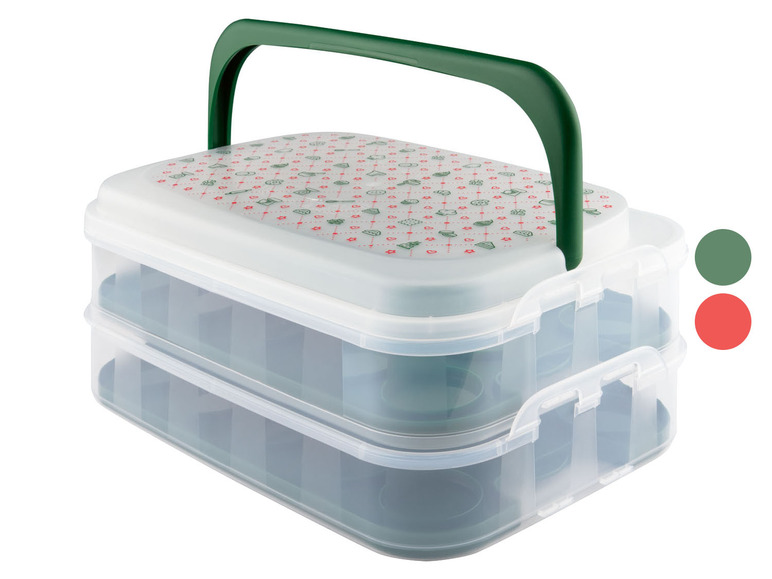 Ein stapelbarer Aufbewahrungskasten mit Griff, mit einem Design mit roten und grünen Details.