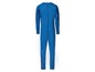 Ein blauer Overall mit langen Ärmeln und einem stilisierten Design auf den Armen.