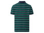 Ein dunkelblaues Poloshirt mit grünen und weißen Streifen.