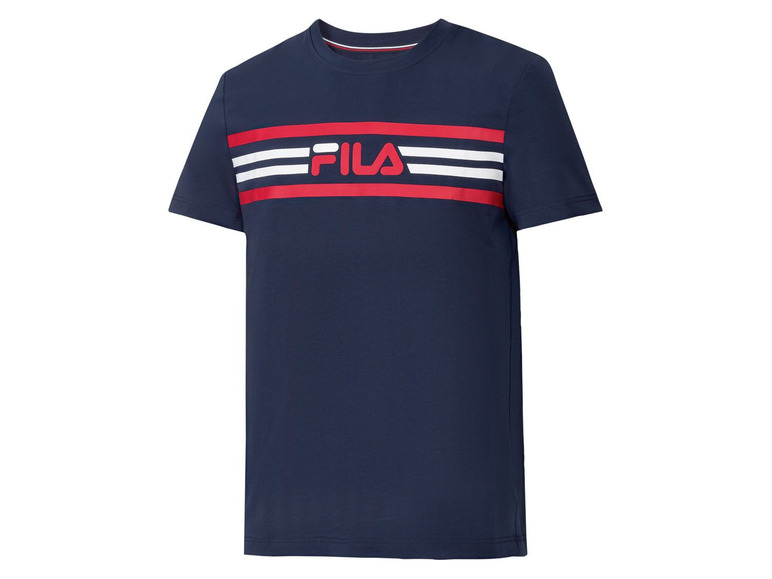 Blaues Fila T-Shirt mit roten und weißen Streifen.