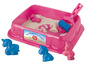 Ein rosa Sandkasten mit Schaufel, Rolle und Einhörnern.