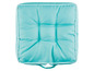 Ein türkisfarbenes Sitzkissen mit weißem Paspel