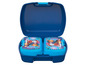 Eine blaue Lunchbox mit zwei Fächern, mit Bildern von Paw Patrol.