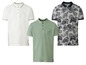 Drei Livergy Poloshirts, eines weiß, eines grün und eines mit tropischem Muster.