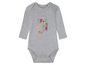 Ein grauer Baby-Body mit langen Ärmeln mit einem Raumschiff und dem Text 'Space Fun'.
