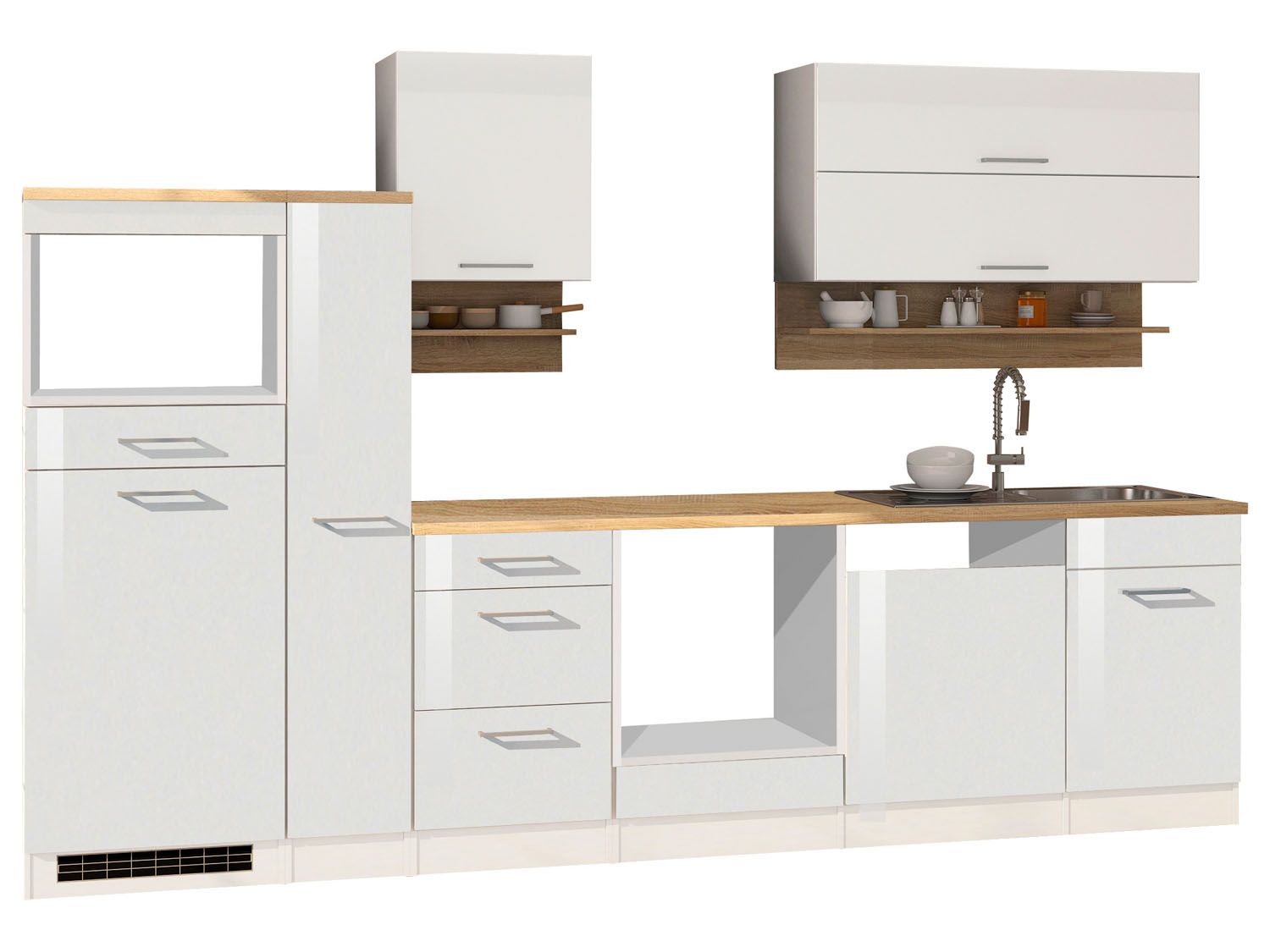 HELD Küchenzeile Mailand 220-390cm (ohne E-Geräte, Hochglanz-weiß/eiche sonoma, 310 cm) | 04251639434551