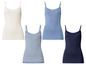 Vier Damen-Tanktops mit Spitze, in weiß, blau, gestreift und dunkelblau.