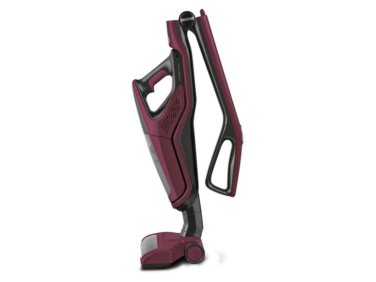 Ein roter Staubsauger mit abnehmbarem Stiel.