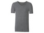 Ein graues T-Shirt mit kurzen Ärmeln und V-Ausschnitt.