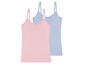 Zwei schlichte, figurbetonte Tanktops, eines rosa und eines hellblau.