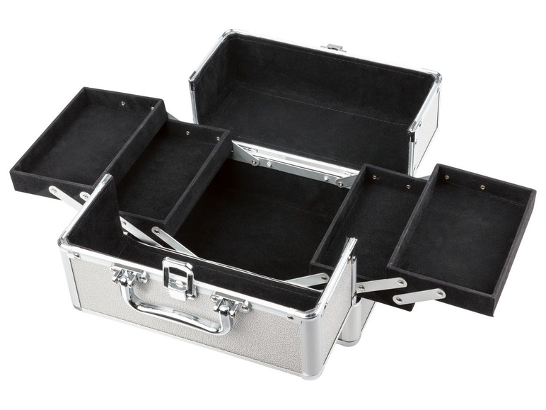 Eine silberne Kosmetiktasche mit mehreren Fächern.