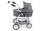 Ein grauer Kinderwagen mit weißem Gestell.