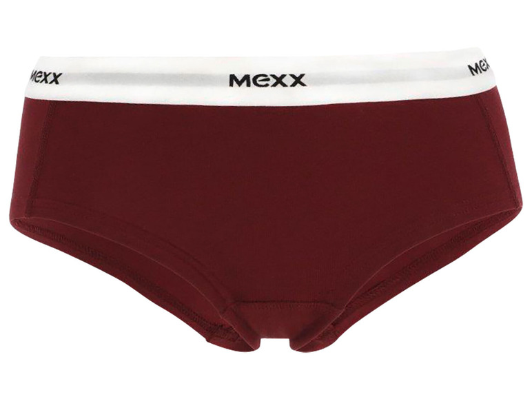 Bordeauxrote Damen-Unterhose mit weißem Bund und Mexx Logo.
