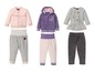 Babykleidung Sets mit rosafarbenen, violetten und grauen Velours-Tops und -Hosen.