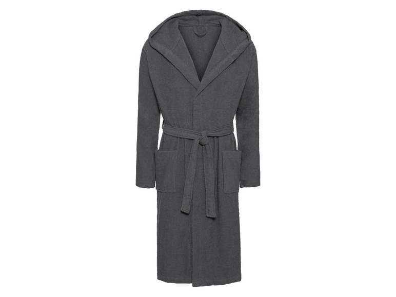 Ein grauer Bademantel mit Kapuze.