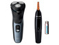 Ein Philips Series 3000 Rasierer, ein Philips Series 1000 Nasen- und Ohrenhaartrimmer und eine Philips Batterie.